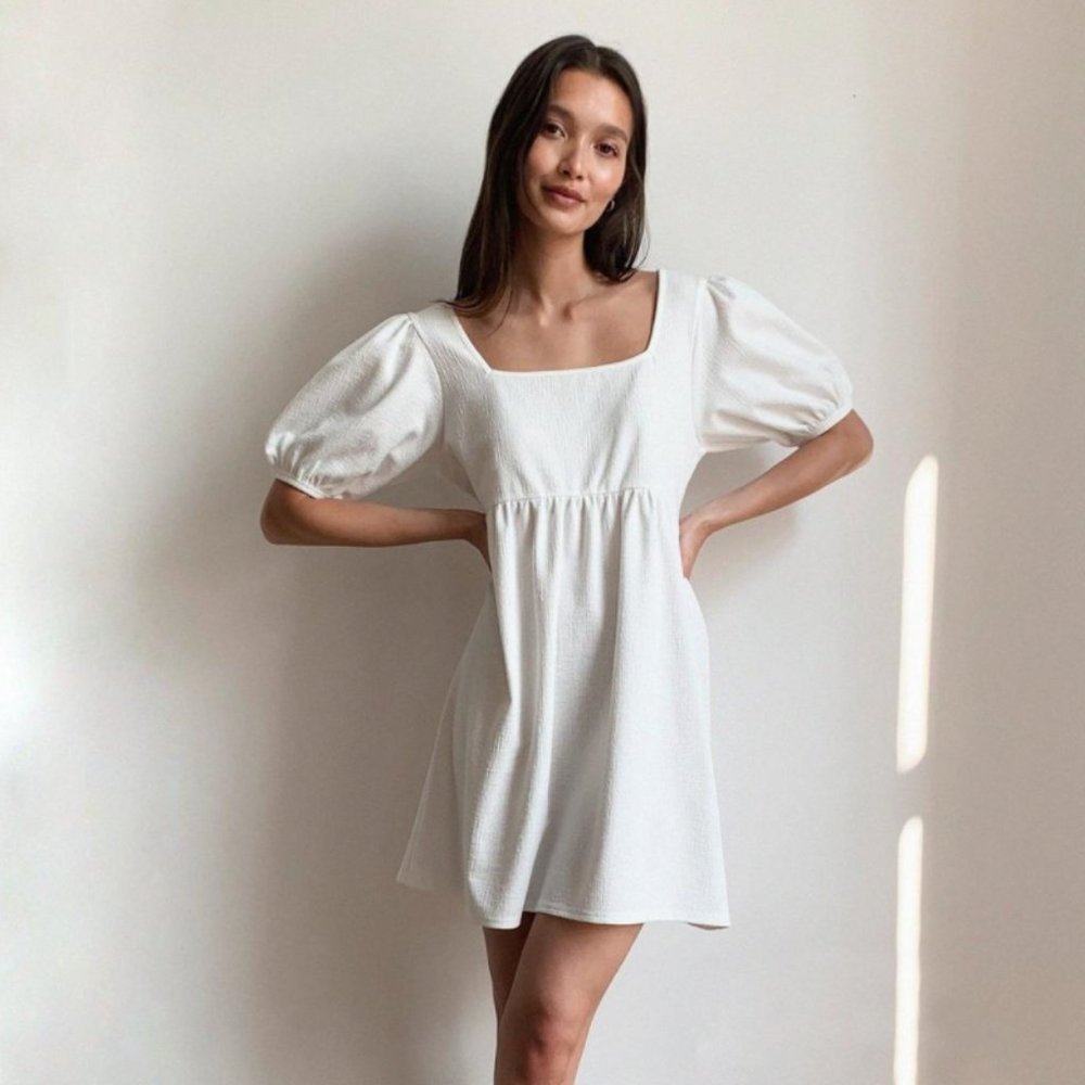 Textured Puff Sleeve Smock Dress